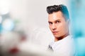 Beautiful model, handsome man portrait. Hairstyle modern look Royalty Free Stock Photo