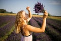 Beautiful model holding a bouquet of fresh lavenders relaxing in the spring or summer lavender field under the rays of the sun. Royalty Free Stock Photo