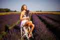 Beautiful model holding a bouquet of fresh lavenders relaxing in the spring or summer lavender field under the rays of the sun. Royalty Free Stock Photo
