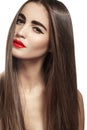 Beautiful model with long straight hair & red lips make-up Royalty Free Stock Photo