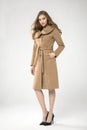 Beautiful model posing in brown long coat. Royalty Free Stock Photo