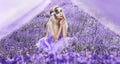 Beautiful model walking in spring or summer lavender field in sunrise . Blond long haired girl in lavender field Royalty Free Stock Photo