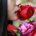 Beautiful model woman kissing red rose flower Royalty Free Stock Photo