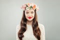 Beautiful Model Woman with Long Hair, Make up and Summer Flowers. Spring Beauty Girl, Res Lips Makeup Royalty Free Stock Photo