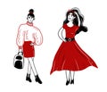 eautiful models woman standing and posing. Everyday look concept in black white red colors. Hand drawn vector sketch doodle flat Royalty Free Stock Photo