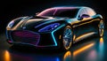 Beautiful modern abstract car design in neon light, black shadows