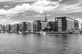 Beautiful modern architecture on the canal. Copenhagen. Denmark. Black and white photo