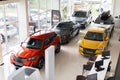 Beautiful Modern Cars At Luxury Dealership Salon, View Above