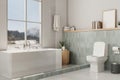 A beautiful, modern and clean bathroom with a toilet and a bathtub near by the window Royalty Free Stock Photo