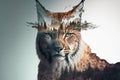 Beautiful modern design lynx with double exposure nature background Royalty Free Stock Photo