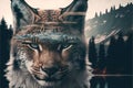 Beautiful modern design lynx with double exposure nature background Royalty Free Stock Photo