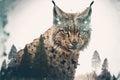 Beautiful modern design lynx with double exposure nature background Royalty Free Stock Photo