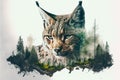 Beautiful modern design lynx with double exposure nature background Royalty Free Stock Photo