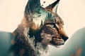 Beautiful modern design lynx with double exposure nature background Royalty Free Stock Photo