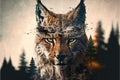 Beautiful modern design lynx with double exposure nature background Royalty Free Stock Photo