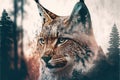 Beautiful modern design lynx with double exposure nature background Royalty Free Stock Photo