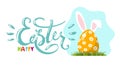 Beautiful modern easter banner. Happy Easter lettering and decorated egg on the grass, flat vector illustration isolated on white