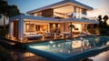 Beautiful modern house with terrace and pool, Evening view Royalty Free Stock Photo