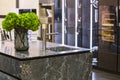 Beautiful modern kitchen design, kitchen faucet and kitchen decor, gray marble kitchen island Royalty Free Stock Photo