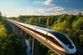 A beautiful modern passenger train rides on a railway bridge near the city. Generated by artificial intelligence Royalty Free Stock Photo