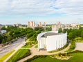 Beautiful and modern Siauliai church in southern part of the city from aerial perspective