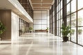 Beautiful, modern, and spacious office hall with panoramic windows in calming beige and brown tones Royalty Free Stock Photo