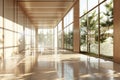 Beautiful modern spacious office hall with panoramic windows in natural beige and brown tones Royalty Free Stock Photo