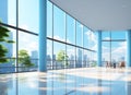 A beautiful modern spacious office hall with panoramic windows and a perspective in pleasant blue tones