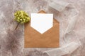 Beautiful modern stationery composition. Blank paper card mockup in craft envelope, dry hydrangea flowers and ribbon. Wedding