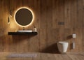 Beautiful and modern toilet room. WC, washbasin, hanging lamps, wooden texture. Home or hotel interior in contemporary Royalty Free Stock Photo
