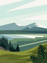 Beautiful modern view of nature landscape with forest, mountains,river,lake,waterfall,and pines. Banner, background scenery vector Royalty Free Stock Photo