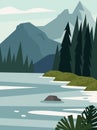 Beautiful modern view of nature landscape with forest, mountains,river,lake,waterfall,and pines. Banner, background scenery vector