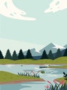 Beautiful modern view of nature landscape with forest, mountains,river,lake,waterfall,and pines. Banner, background scenery vector