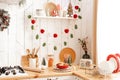 Beautiful modern white kitchen with Christmas decor Royalty Free Stock Photo