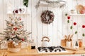 Beautiful modern white kitchen with Christmas decor Royalty Free Stock Photo