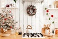 Beautiful modern white kitchen with Christmas decor Royalty Free Stock Photo