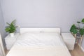 Beautiful modern white room with large spacious bed made with fresh white linens, furnished with green plants. Beautiful Royalty Free Stock Photo