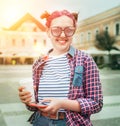 Beautiful modern young female teenager Portrait with extraordinary hairstyle in checkered shirt with