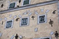 Beautiful modernist windows with more art nouveau in an old building facade in Riga, Latvia