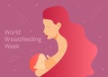 Beautiful mom is breastfeeding her newborn baby. Trendy fliud waving hair.