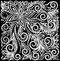 Beautiful Monochrome Black And White Decorative Graphic Curly Background With Flowers And Leaves Pattern.