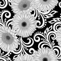 Beautiful monochrome, black and white seamless pattern with gerbera flowers and abstract floral swirls Royalty Free Stock Photo