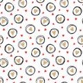 Beautiful monochrome gold, red, black and white seamless pattern with doodling sketch heart. design for holiday greeting card and Royalty Free Stock Photo