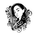 The beautiful monochrome graphic face of the girl. Portrait in flowers and hearts. Beauty saloon. Vector Illustrated
