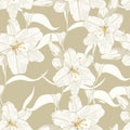 Beautiful monochrome, light green outline seamless pattern with lilies and leaves. Royalty Free Stock Photo