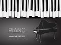 Beautiful monochrome piano concert invitation card with simple stylized piano keyboard and 3d grand piano outline drawing