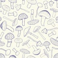 Beautiful monochrome seamless pattern with outlines of inedible forest mushrooms. Toxic and poisonous fungus of