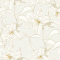 Beautiful monochrome, sepia outline seamless pattern with lilies and leaves.