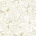 Beautiful monochrome, sepia outline seamless pattern with lilies and magnolia flowers with leaves.