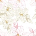 Beautiful monochrome, sepia and pink outline seamless pattern with lilies. Royalty Free Stock Photo